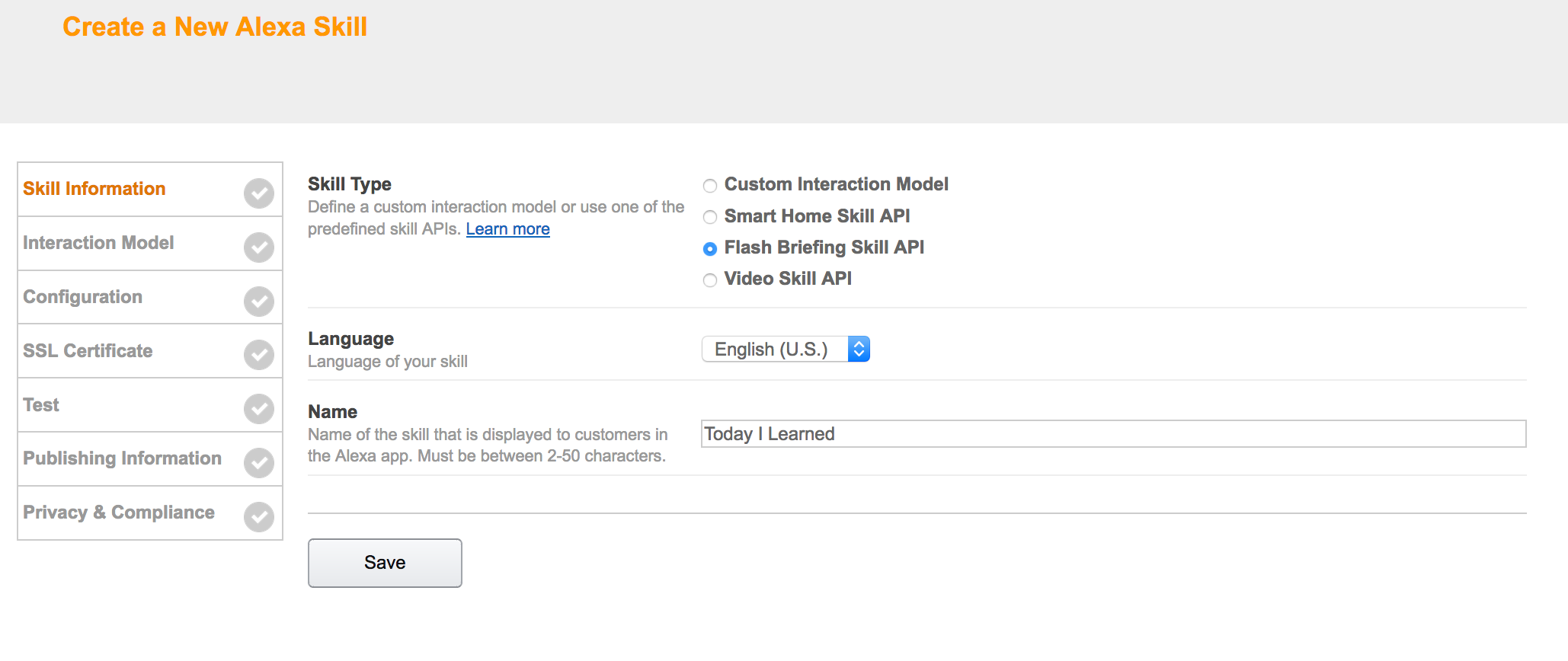 Creating a new Alexa skill in the Amazon Developer Console