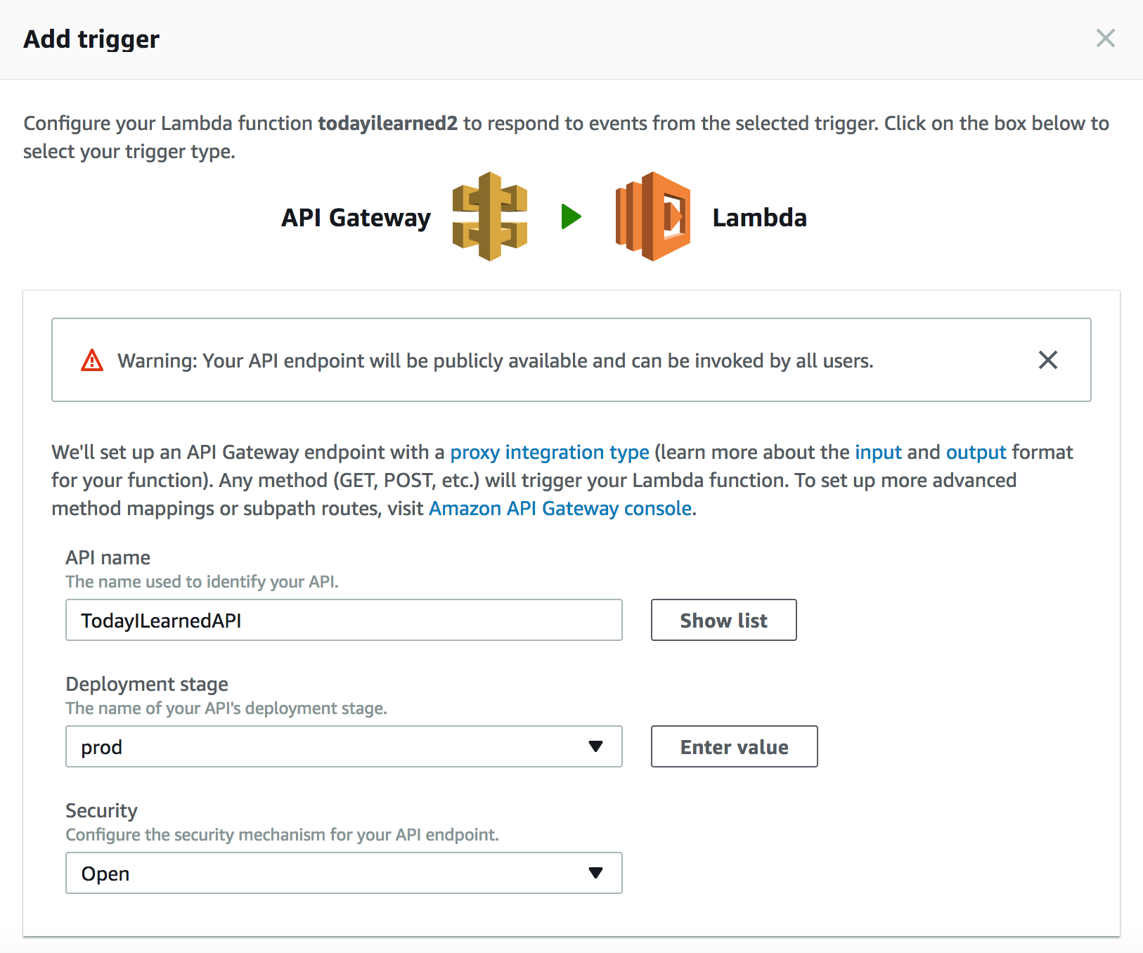 The menu for setting up an API Trigger in AWS Lambda
