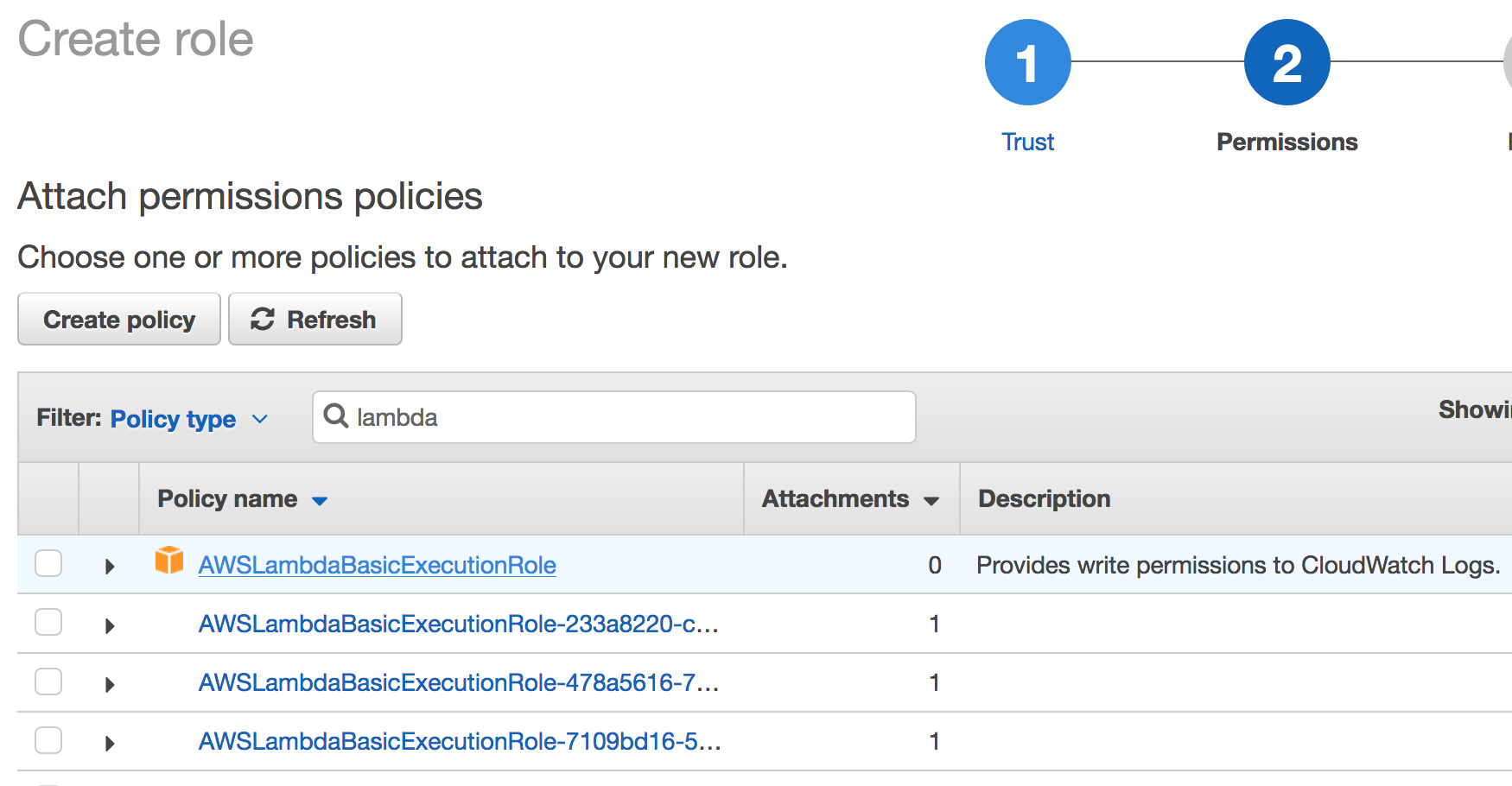 The IAM console step 2, choose permission role